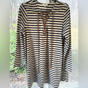 Unique Umgee USA M Tan w/black striped dress. Suede lace-up top front & elbows.